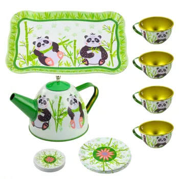 LEAN TOYS Panda Green Metal Tea Set 14 dalių | Vaikiškas skardinis arbatos servizas su arbatinuku, puodeliais, lėkštutėmis ir padėklu | Vaidmenų žaidimų virtuvės rinkinys nuo 3 metų