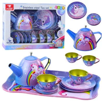 LEAN TOYS vaikų metalinis arbatos servizas su puodeliais, arbatinuku ir padėklu Vienaragis