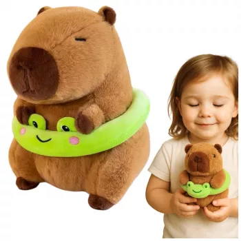 LEAN TOYS Plush Kapibara su žaliu gelbėjimosi ratu ir varle, ruda, 20 cm