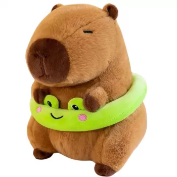 LEAN TOYS Plush Kapibara su žaliu gelbėjimosi ratu ir varle, ruda, 20 cm