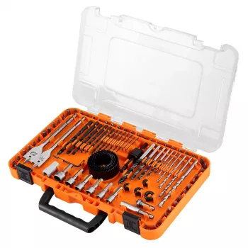 NEO TOOLS 90 dalių grąžtų ir atsuktuvų antgalių rinkinys su veržliarakčiais ir skylėtųjų pjūklų