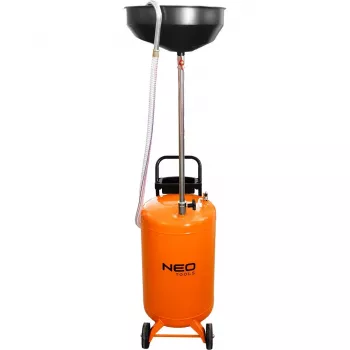 NEO TOOLS 10-810 Mobilus alyvos surinktuvas, gravitacinis, 70 L bakas, pneumatinis ištuštinimas, 420 mm nutekėjimo padėklas, reguliuojamas aukštis 1000-1600 mm