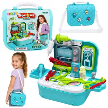 LEAN TOYS 2-in-1 gydytojo rinkinys lagaminėlyje, nešiojamas gydytojo kabinetas, aksesuarai, mėlynas