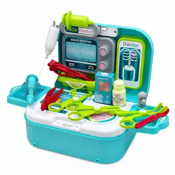LEAN TOYS 2-in-1 gydytojo rinkinys lagaminėlyje, nešiojamas gydytojo kabinetas, aksesuarai, mėlynas