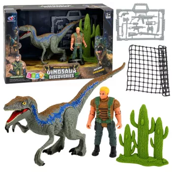 LEAN TOYS Dinosaur Hunter Set veiksmo figūrėlės su judamomis galūnėmis ir tinklo ginklų aksesuarais