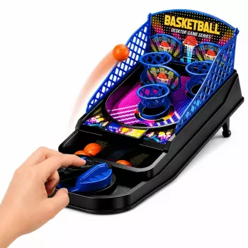 LEAN TOYS Mini stalo krepšinio arkadinis žaidimas su 3 krepšiais ir paleidimo mechanizmu