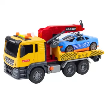 LEAN TOYS vilkikas su kranu ir lenktyniniu automobiliu – šviesos ir garso efektai