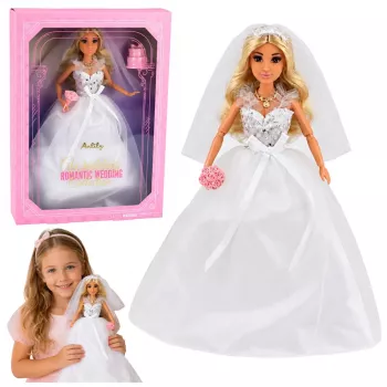 LEAN TOYS Anlily nuotakos lėlė su blizgučių vestuvine suknele, šydu, puokšte, tortu, bateliais, 29 cm