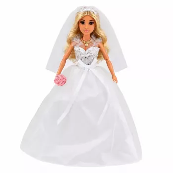 LEAN TOYS Anlily nuotakos lėlė su blizgučių vestuvine suknele, šydu, puokšte, tortu, bateliais, 29 cm