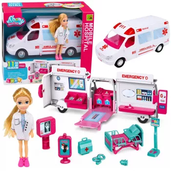 LEAN TOYS sulankstomas greitosios pagalbos automobilis lėlėms - ligoninės mini lėlių aksesuarai, 11 dalių