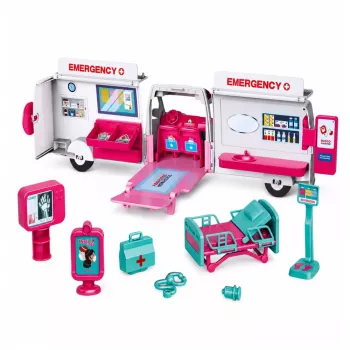 LEAN TOYS sulankstomas greitosios pagalbos automobilis lėlėms - ligoninės mini lėlių aksesuarai, 11 dalių