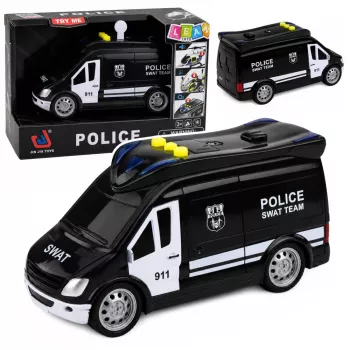 LEAN TOYS SWAT Special Unit policijos automobilis furgonas su šviesomis ir garsais, 1:32 mastelis, pull-back veiksmas, die-cast metalas