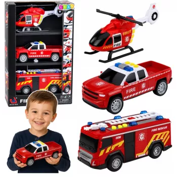 LEAN TOYS Gaisrinės gelbėjimo transporto rinkinys: sraigtasparnis ir automobilis su šviesomis ir garsais, 1:32