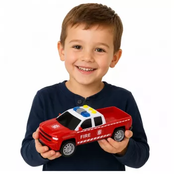 LEAN TOYS Gaisrinės gelbėjimo transporto rinkinys: sraigtasparnis ir automobilis su šviesomis ir garsais, 1:32