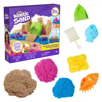 Kinetic Sand Beach Adventure rinkinys – 907g smėlio 3 spalvų su formelėmis, įrankiu ir padėklu