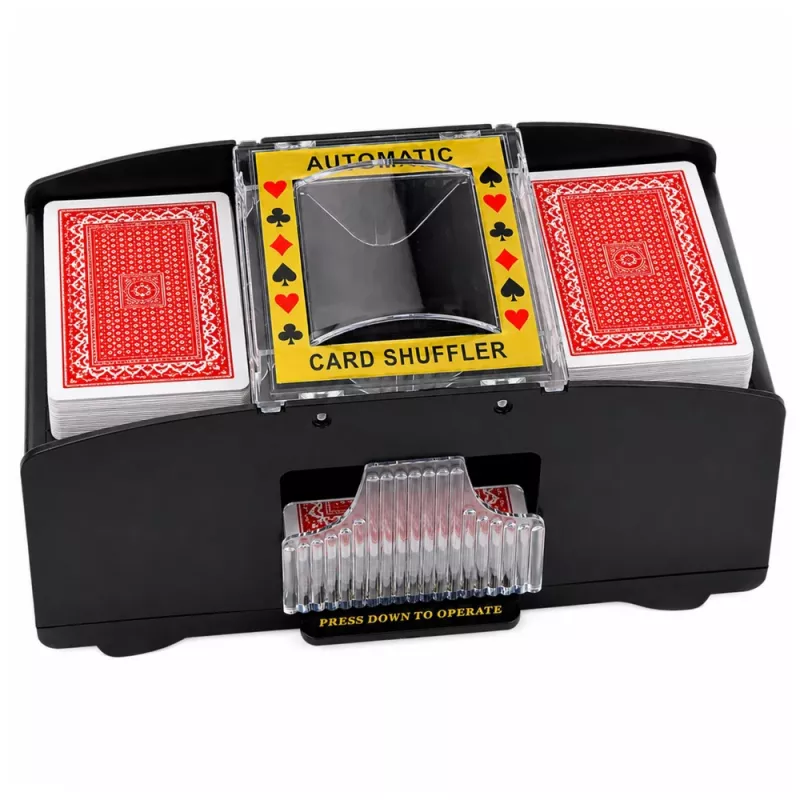 LEAN TOYS automatinis elektroninis kortų maišytuvas 2 kaladėms - maitinamas baterijomis, ABS plastikas, juodos spalvos