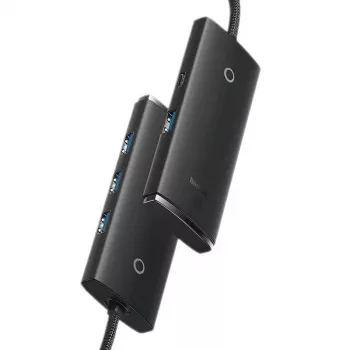 Baseus Lite Series 4 prievadų USB 3.0 šakotuvas - 5Gbps, be maitinimo, juodas (WKQX030101)