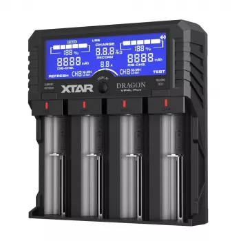 XTAR VP4L Plus 4 lizdų Li-ion/Ni-MH akumuliatorių įkroviklis su LCD ekranu, 2A greitas įkrovimas, Power Bank funkcija