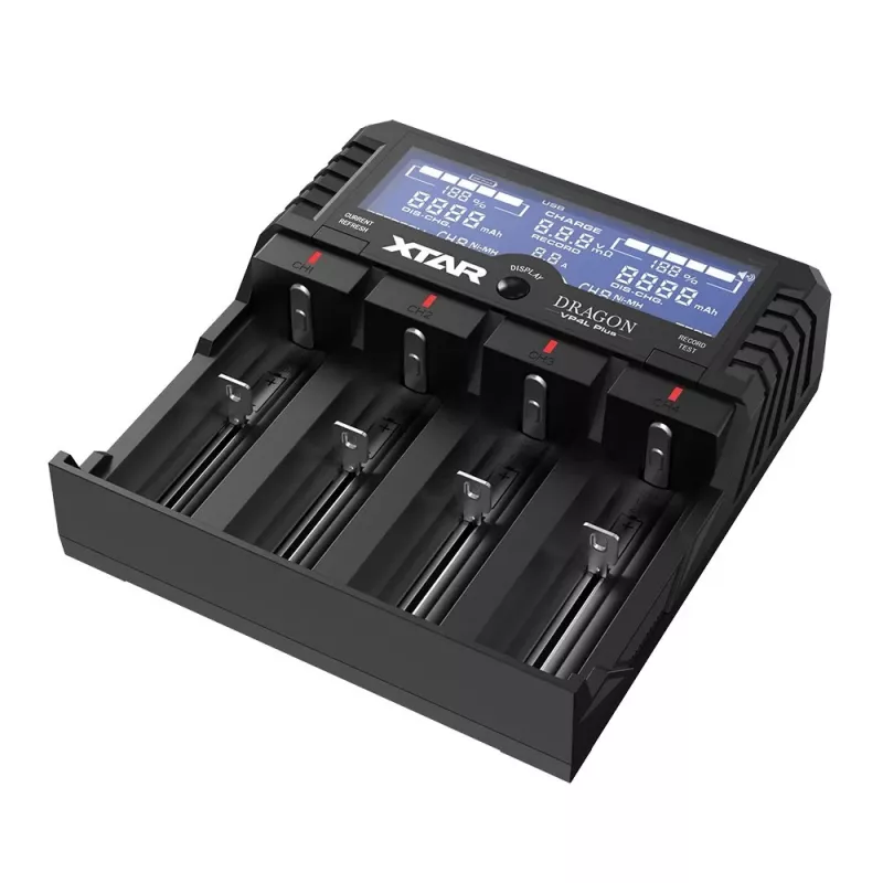 XTAR VP4L Plus 4 lizdų Li-ion/Ni-MH akumuliatorių įkroviklis su LCD ekranu, 2A greitas įkrovimas, Power Bank funkcija