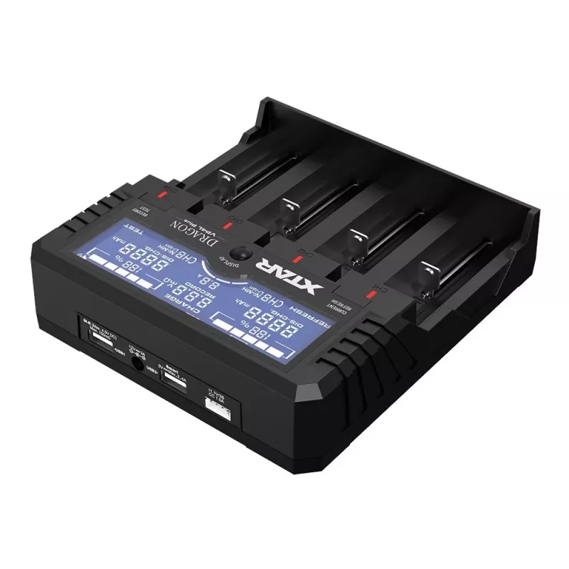 XTAR VP4L Plus 4 lizdų Li-ion/Ni-MH akumuliatorių įkroviklis su LCD ekranu, 2A greitas įkrovimas, Power Bank funkcija
