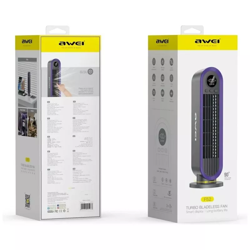 AWEI F52 3600mAh USB-C įkraunamas nešiojamas bokštinis ventiliatorius, pilka