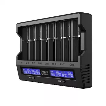 XTAR VC8S USB-C 8 lizdų protingas akumuliatorių įkroviklis su QC3.0 adapteriu, skirtas Li-ion/Ni-MH
