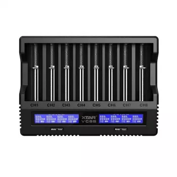 XTAR VC8S USB-C 8 lizdų protingas akumuliatorių įkroviklis su QC3.0 adapteriu, skirtas Li-ion/Ni-MH