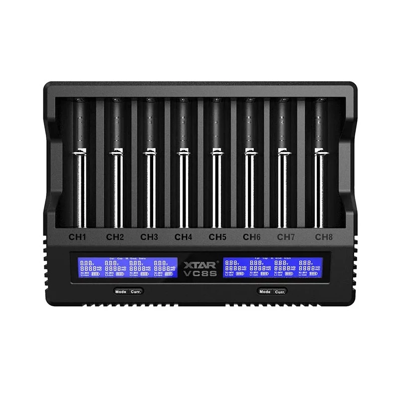 XTAR VC8S USB-C 8 lizdų protingas akumuliatorių įkroviklis su QC3.0 adapteriu, skirtas Li-ion/Ni-MH