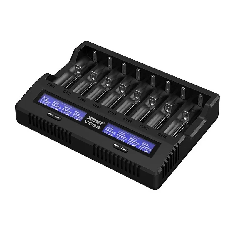 XTAR VC8S USB-C 8 lizdų protingas akumuliatorių įkroviklis su QC3.0 adapteriu, skirtas Li-ion/Ni-MH