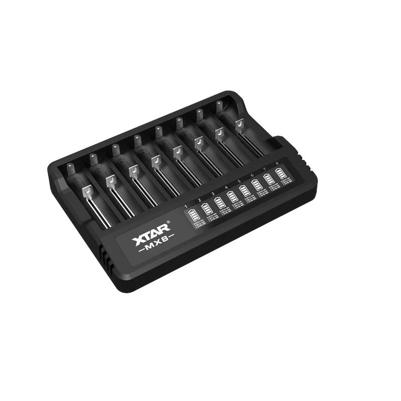 XTAR MX8 8 lizdų USB-C universalus baterijų įkroviklis Li-ion/Ni-MH, 0,25A-2A, LED indikatoriai