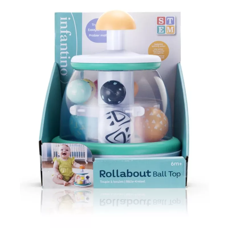 B-KIDS Rollabout Ball Top Infantino – mėtinis sukamasis žaislas su barškančiais rutuliukais kūdikiams nuo 6 mėn.