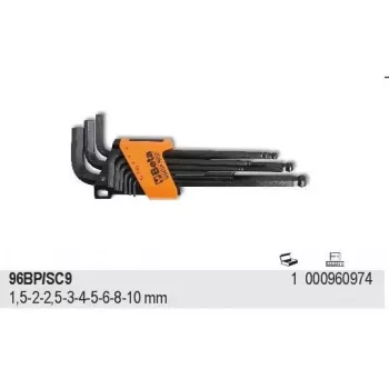 BETA 96BP/SC9 9 dalių metrinių šešiabriaunių raktų rinkinys su rutuliniu galu, 1,5-10mm, chromo vanadžio plienas