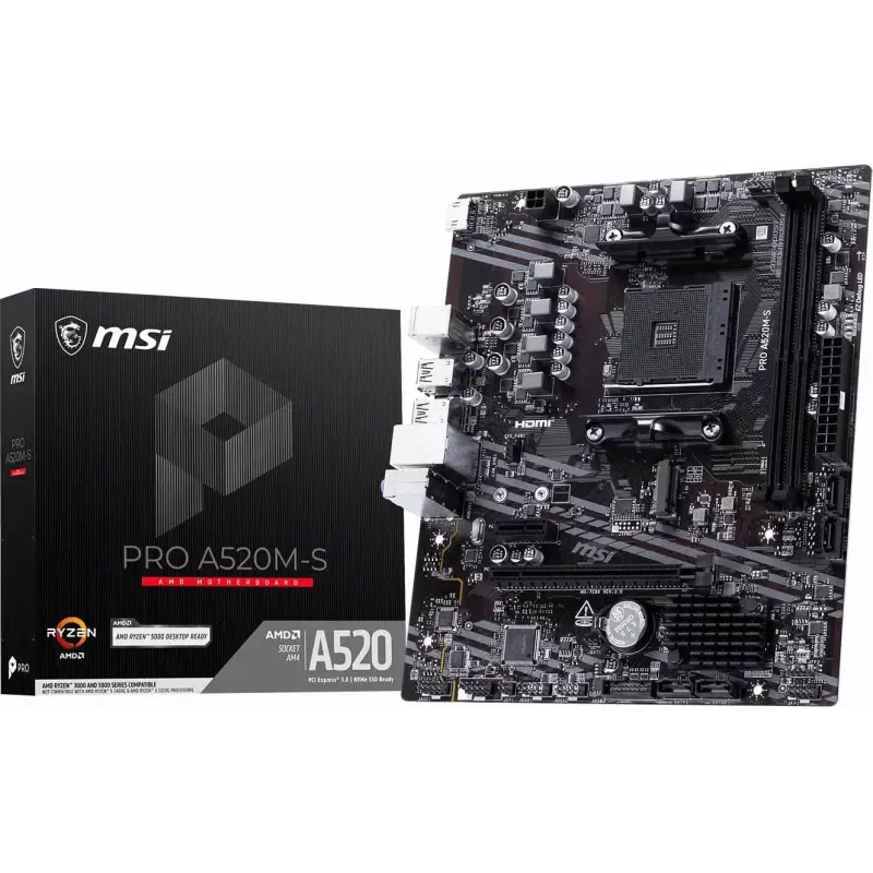 MSI A520M-S AMD A520 AM4 Micro-ATX pagrindinė plokštė - DDR4, HDMI, DVI, VGA, Gigabit LAN