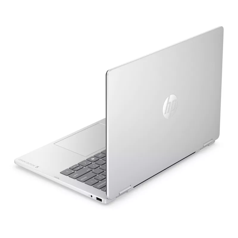 HP OmniBook 5 Flip NG AI 14-km0001nnx - Ultra 7 355, 32GB LPDDR5X 7467 atmintis, 512GB SSD, liečiamas 14,0 colio 2K (1920x1200) OLED ekranas, Glacier Silver su AI logotipu - 5MP IR TNR, be 65W AC adapterio, Win 11 Home, 1 metų garantija