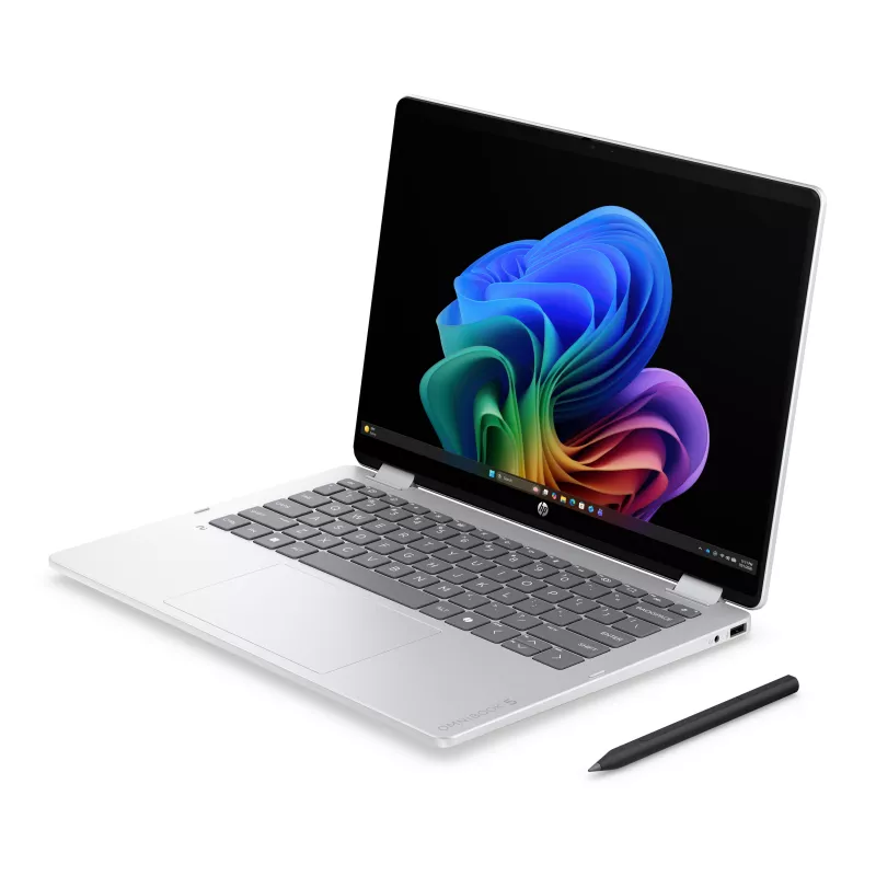 HP OmniBook 5 Flip NG AI 14-km0001nnx - Ultra 7 355, 32GB LPDDR5X 7467 atmintis, 512GB SSD, liečiamas 14,0 colio 2K (1920x1200) OLED ekranas, Glacier Silver su AI logotipu - 5MP IR TNR, be 65W AC adapterio, Win 11 Home, 1 metų garantija