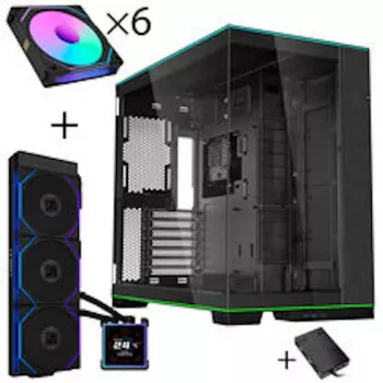 Lian Li O11D EVO RGB korpuso rinkinys su HydroShift II LCD-S 360TL AiO, 6x UNI FAN SL-INF 120 Reverse Blade ventiliatoriais ir UNI HUB SL-INF - juodas