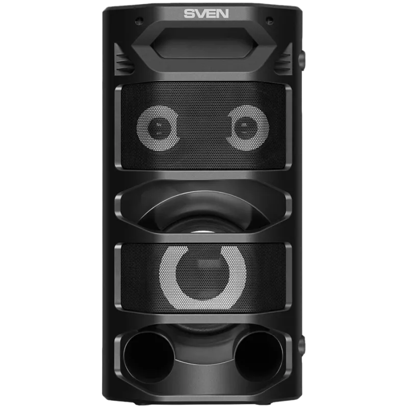 Nešiojamas 2.0 garsiakalbis SVEN PS-670, juodas, galia 2x32,5 W (RMS), TWS, Bluetooth, FM, USB, microSD, LED ekranas, nuotolinio valdymo pultas, ličio baterija