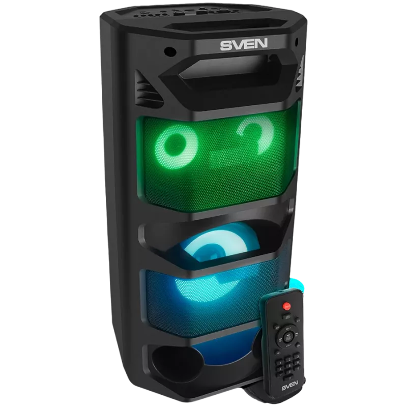 Nešiojamas 2.0 garsiakalbis SVEN PS-670, juodas, galia 2x32,5 W (RMS), TWS, Bluetooth, FM, USB, microSD, LED ekranas, nuotolinio valdymo pultas, ličio baterija