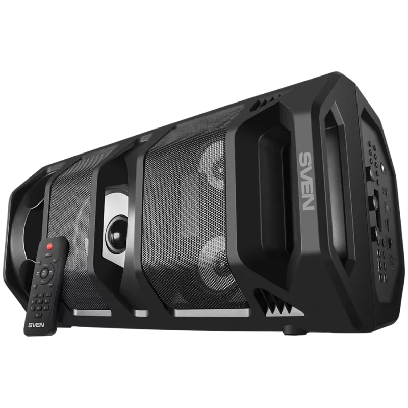 Nešiojamas 2.0 garsiakalbis SVEN PS-670, juodas, galia 2x32,5 W (RMS), TWS, Bluetooth, FM, USB, microSD, LED ekranas, nuotolinio valdymo pultas, ličio baterija
