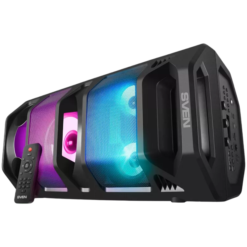 Nešiojamas 2.0 garsiakalbis SVEN PS-670, juodas, galia 2x32,5 W (RMS), TWS, Bluetooth, FM, USB, microSD, LED ekranas, nuotolinio valdymo pultas, ličio baterija