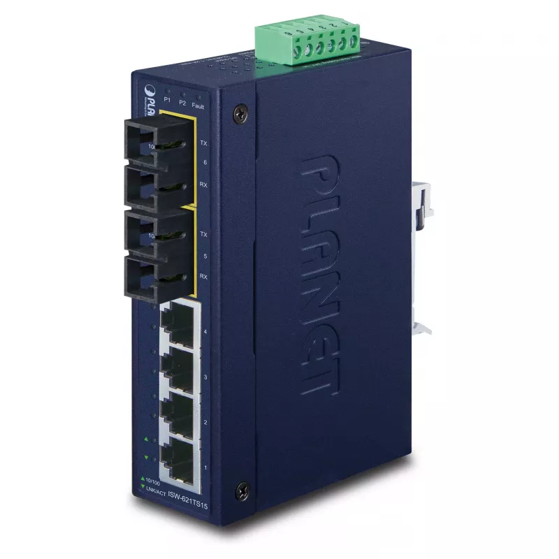 PLANET ISW-621TS15 Pramoninis nevaldomas L2 Fast Ethernet jungiklis su 4x 10/100 + 2x 100Base-FX SC daugiamodžiu, DIN bėgelio/sieninis montavimas, -40 iki 75°C