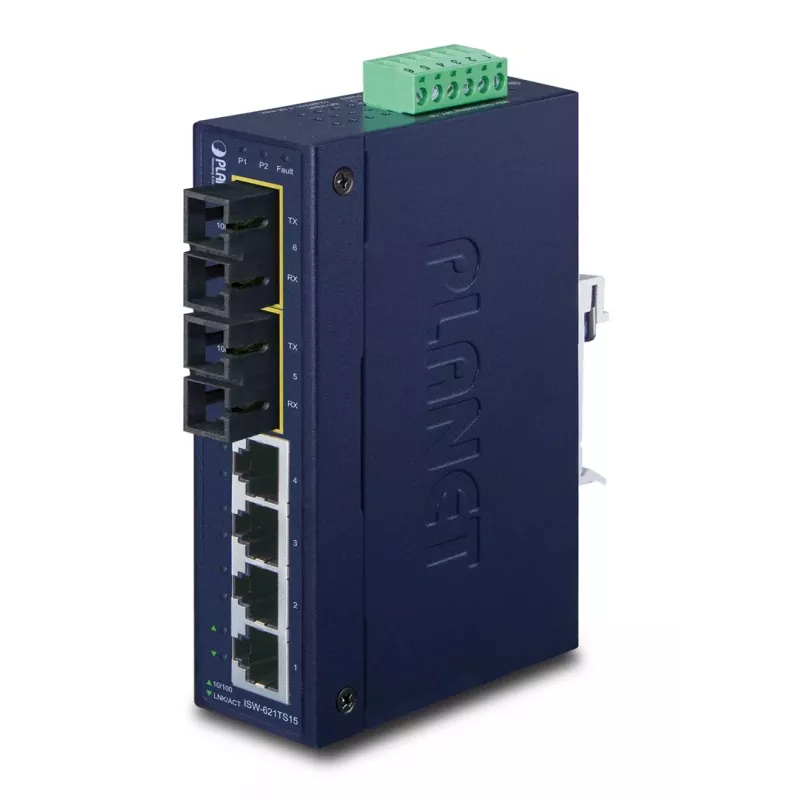 PLANET ISW-621TS15 Pramoninis nevaldomas L2 Fast Ethernet jungiklis su 4x 10/100 + 2x 100Base-FX SC daugiamodžiu, DIN bėgelio/sieninis montavimas, -40 iki 75°C
