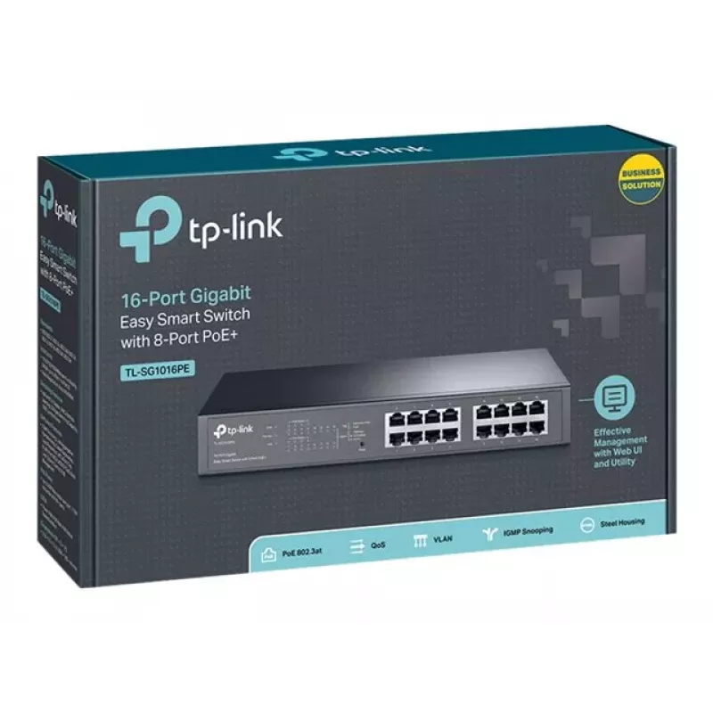 TP-LINK TL-SG1016PE 16 prievadų Gigabit Easy Smart PoE+ komutatorius (110 W, 8 PoE+ prievadai, montuojamas į stelažą)
