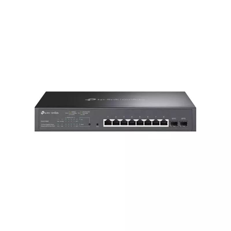 TP-LINK TL-SG2210MP Smart Managed Layer 2+ Switch, 8-Port Gigabit PoE+ su 2 SFP lizdais, 150W PoE biudžetas, montuojamas į stelažą