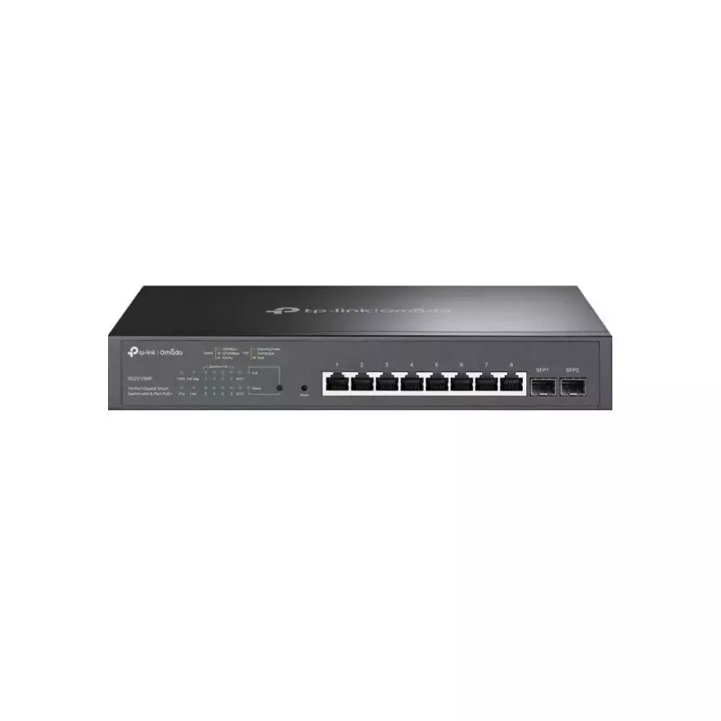 TP-LINK TL-SG2210MP Smart Managed Layer 2+ Switch, 8-Port Gigabit PoE+ su 2 SFP lizdais, 150W PoE biudžetas, montuojamas į stelažą