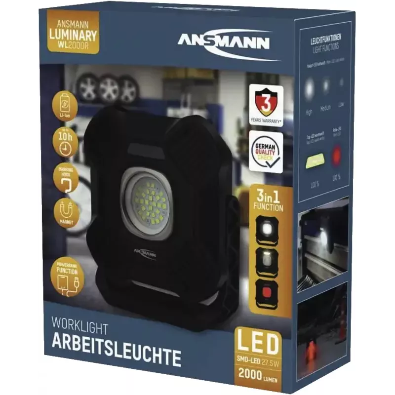 ANSMANN WL2000R Įkraunamas LED Darbinis Žibintas, Juodas, 20W, 2000lm, su Magnetu, Kabliu, Trikoju - 1 Vnt. (1600-0755)