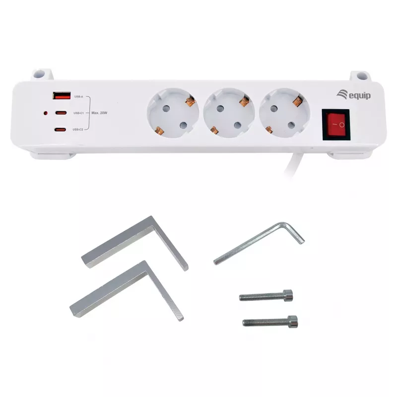 Equip Power Strip CEE 7/7 90° to 3x Schuko / 2x USB-C + USB-A, White, 1,5m