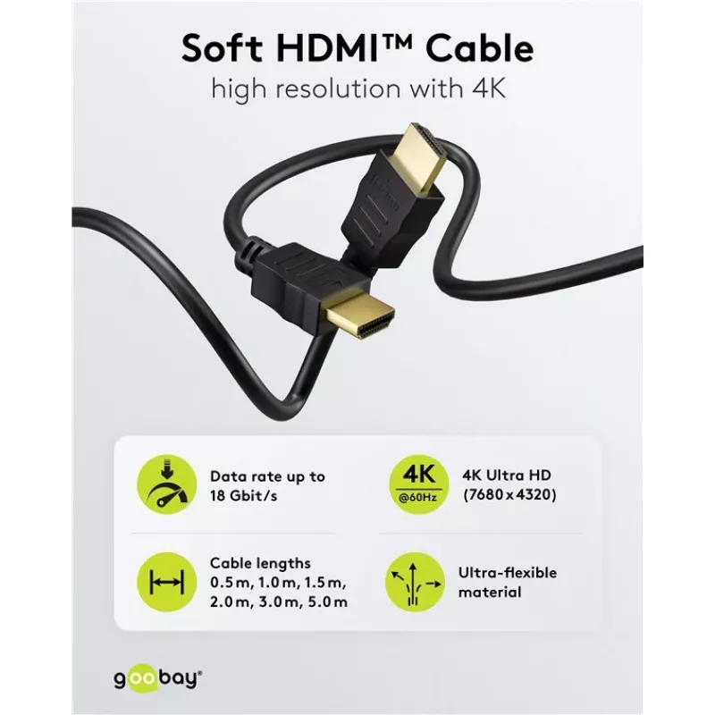 Goobay 80104 Soft HDMI High-Speed Cable with Ethernet, 3 m, Juoda