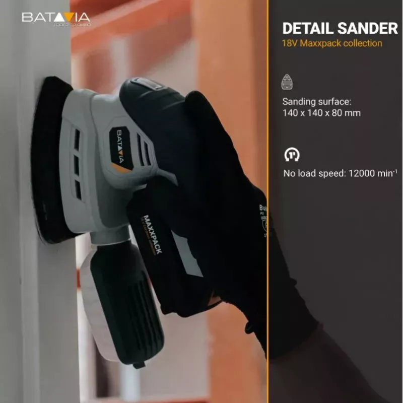 Batavia 18V belaidis detaliam šlifavimui skirtas šlifuoklis (tik korpusas) - Maxxpack 18V platforma, delta šlifavimo padėklas, Velcro, dulkių ištraukimas, minkšta rankena