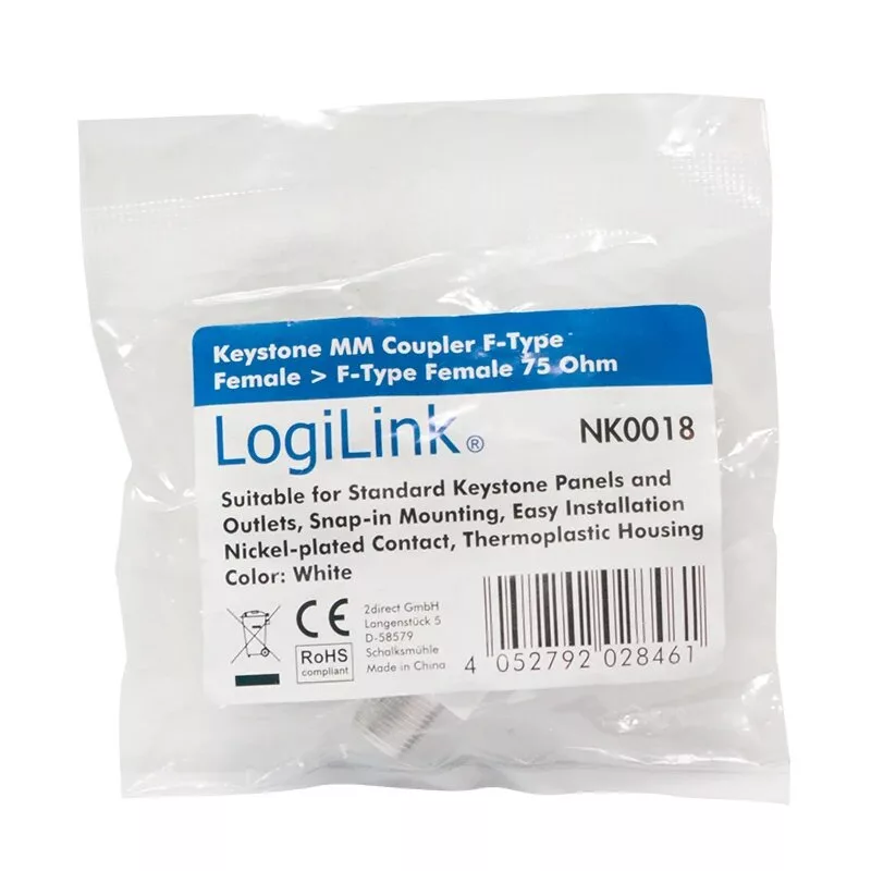 LogiLink Keystone In-Line Coupler F Socket to F Socket 75 Ohm Baltas